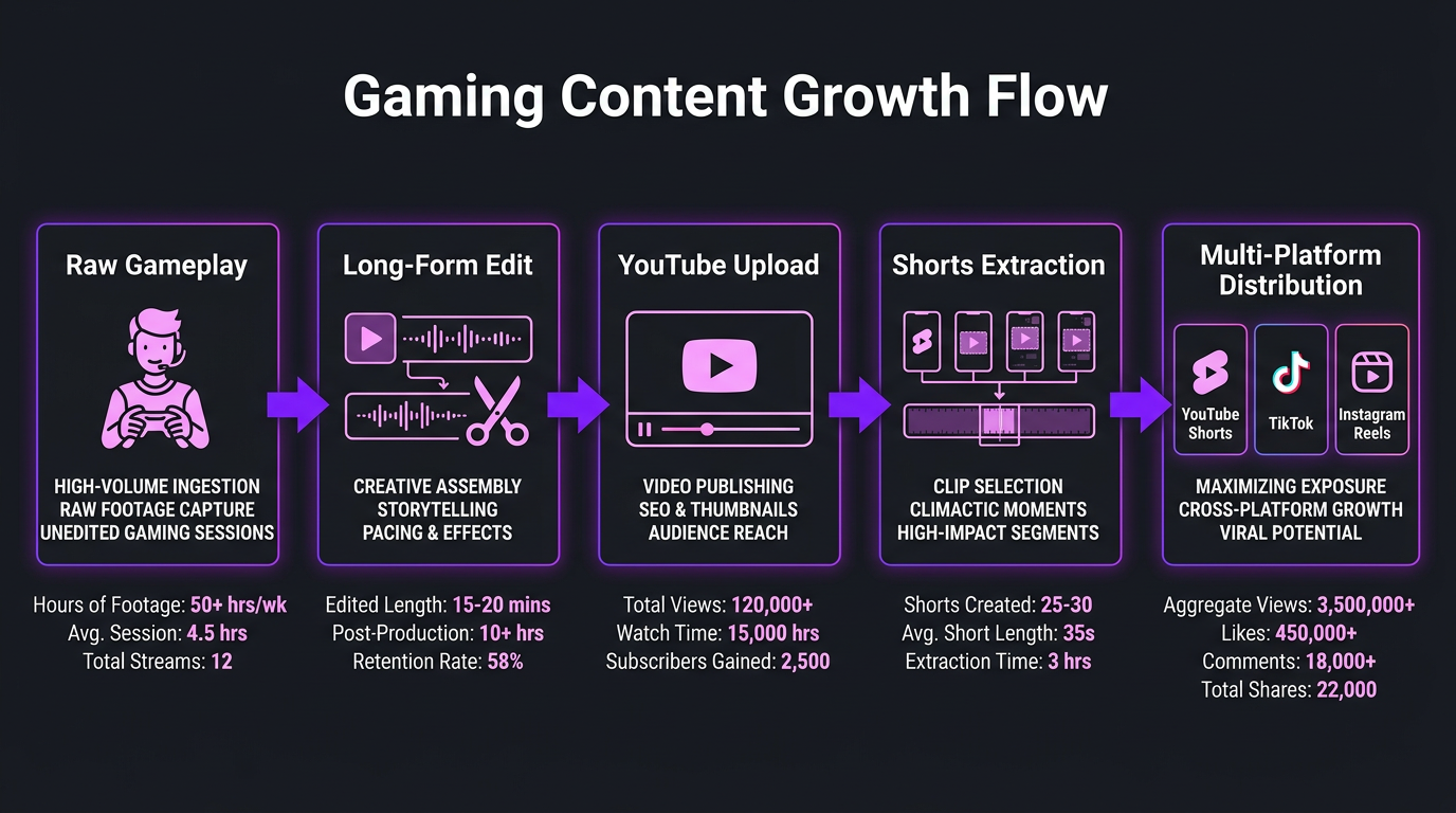 Gaming content growth pipeline showing long-form to shorts repurposing workflow with metrics at each stage
