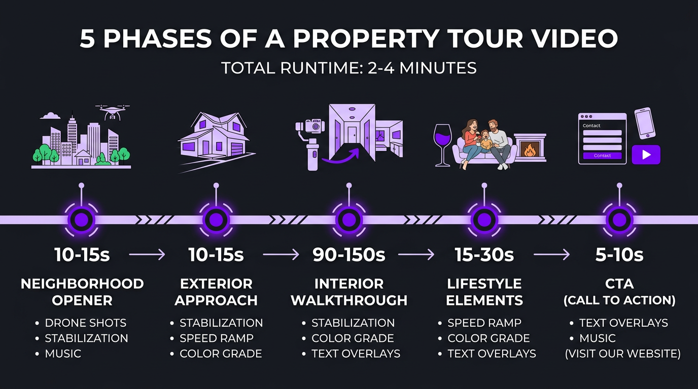 Step-by-step timeline showing the property tour video structure — 5 phases (Neighborhood Opener → Exterior Approach → Interior Walkthrough → Lifestyle Elements → CTA) with time stamps, editing techniques listed for each phase, and thumbnail previews. Horizontal timeline layout, dark background (#181a20), purple phase markers (#6f00ff), white text.