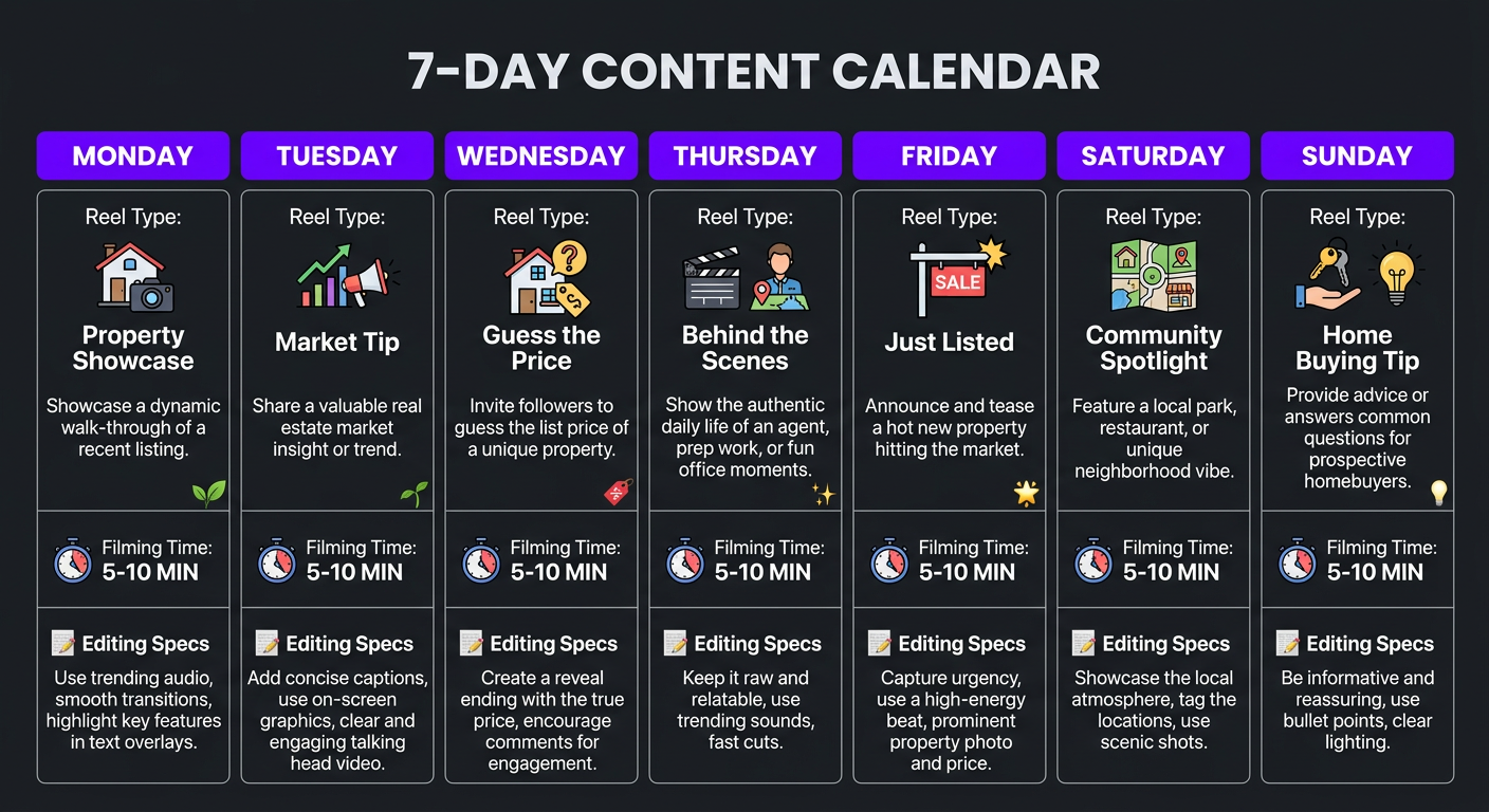 Weekly content calendar for a real estate agent — 7-day grid showing a mix of reel types (property showcase, market update, tip, guess the price, behind the scenes, just listed, community). Each day shows the reel type, estimated filming time (5-10 min), and editing specs. Clean calendar layout, dark background (#181a20), purple day headers (#6f00ff), white text (#f2f4f8).