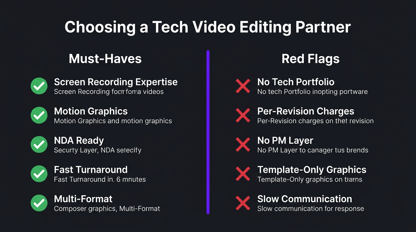 Decision framework for choosing a video editing partner for tech companies with must-haves and red flags