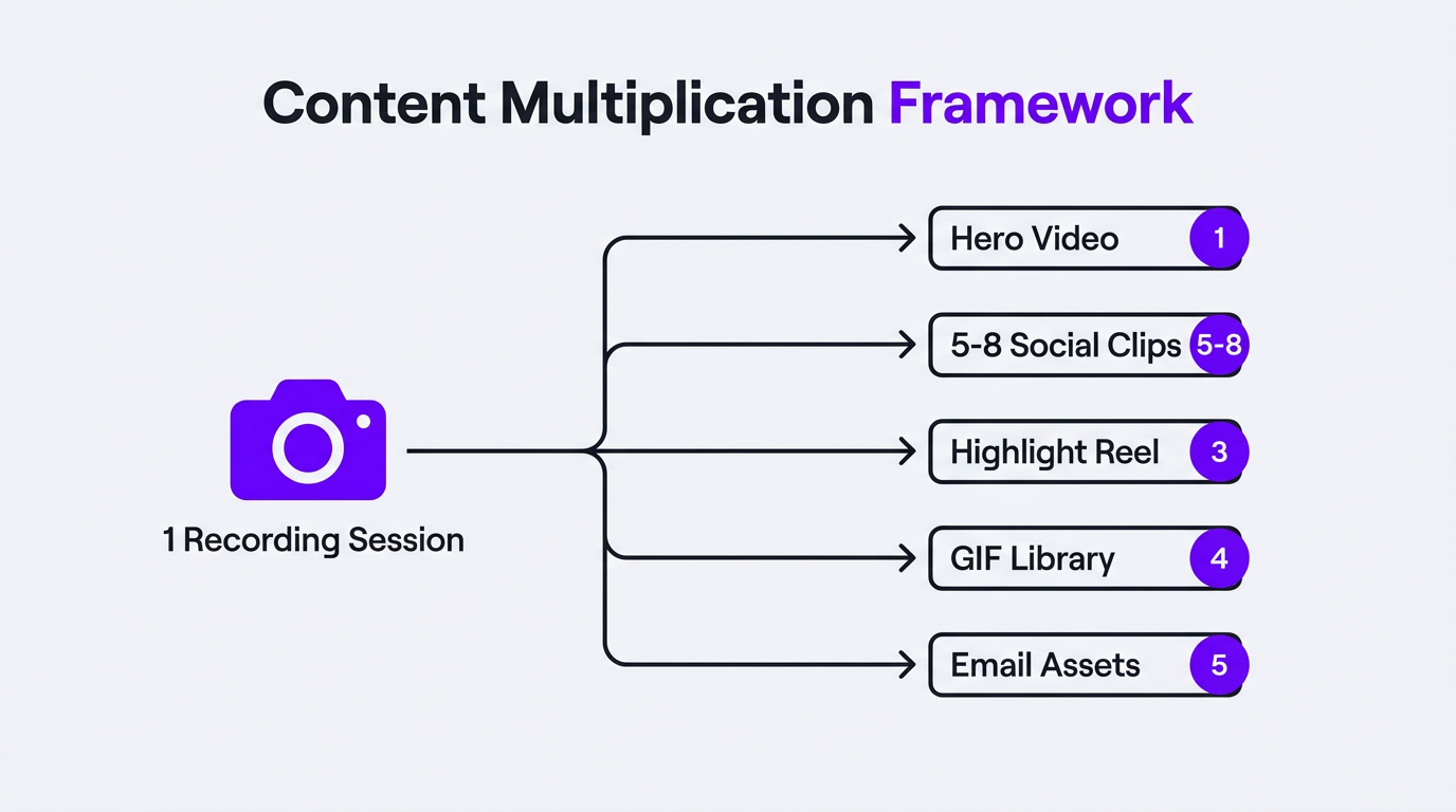 Content multiplication framework showing one recording becoming 10+ video assets for tech companies