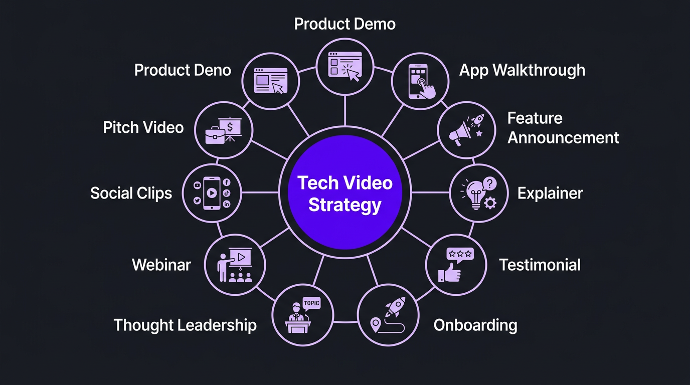 Tech company video editing landscape infographic showing different video types and their conversion impact