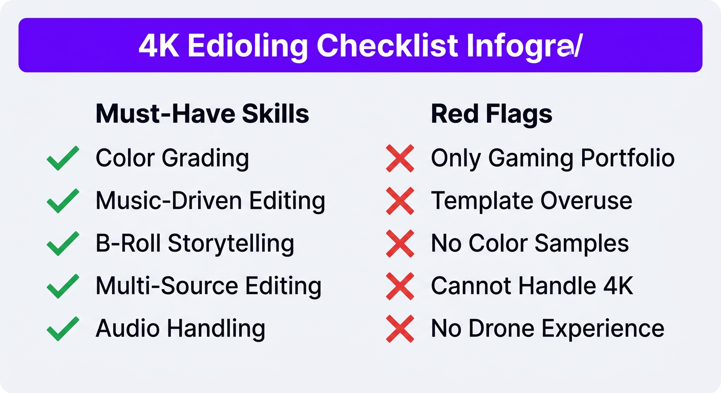 Video Editing for Travel & Lifestyle Creators (2026 Guide) 4 Checklist infographic for choosing a travel video editor with must-have skills and red flags