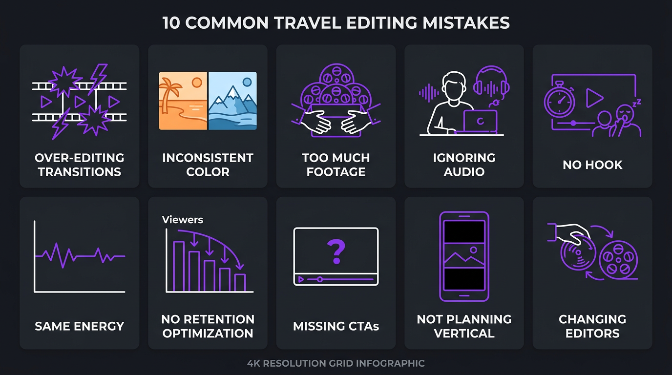 Video Editing for Travel & Lifestyle Creators (2026 Guide) 5 Infographic showing 10 common travel editing mistakes with icons and brief descriptions