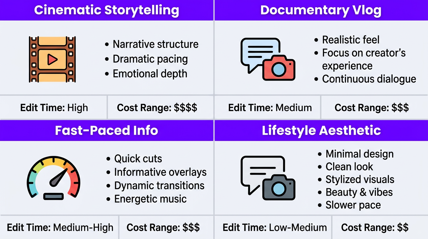 Video Editing for Travel & Lifestyle Creators (2026 Guide) 2 Four travel editing styles compared side by side with visual examples