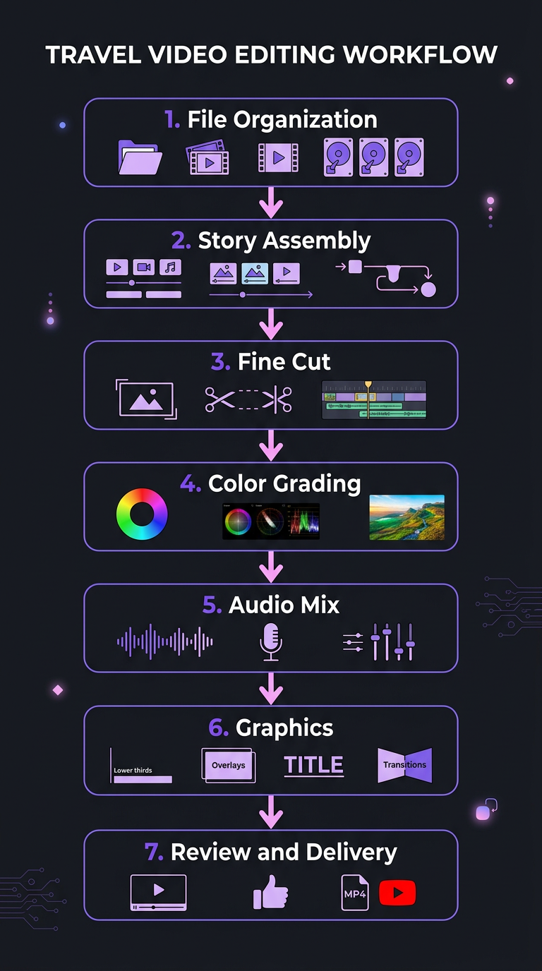 Video Editing for Travel & Lifestyle Creators (2026 Guide) 3 7-step travel video editing workflow diagram