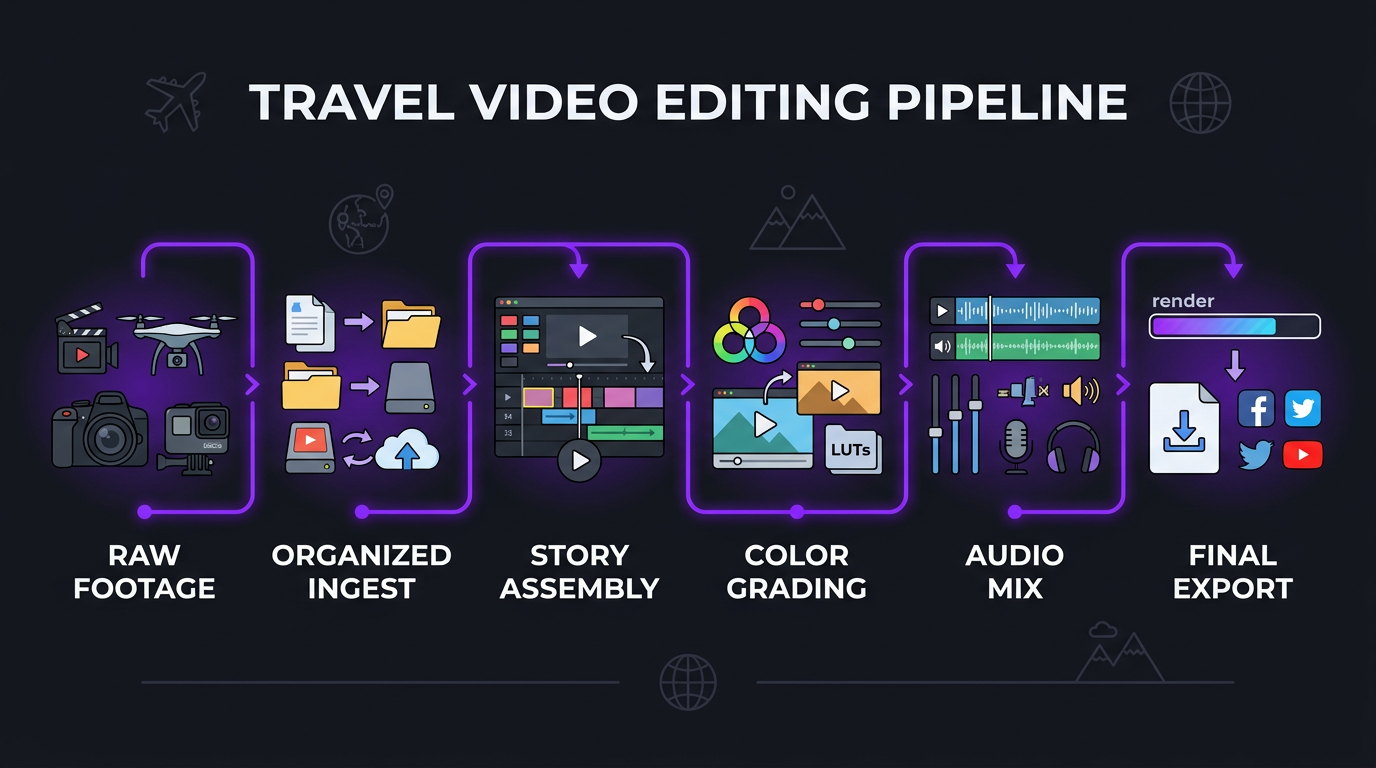 Video Editing for Travel & Lifestyle Creators (2026 Guide) 1 Travel video editing workflow infographic showing footage to final product pipeline