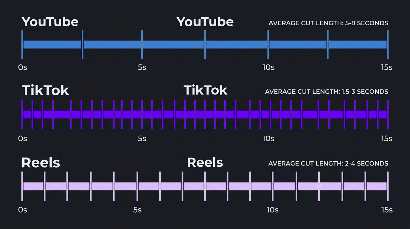 Editing pace comparison across YouTube, TikTok, and Reels