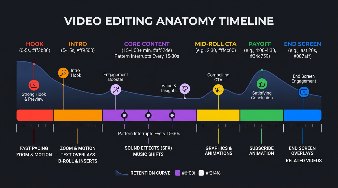 Anatomy of a YouTube video edit timeline with retention curve