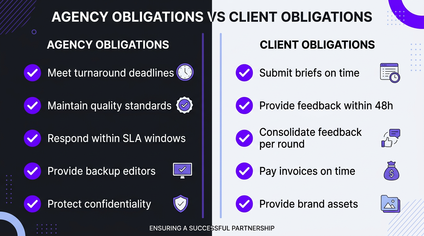 Side-by-side comparison of Agency vs Client Obligations