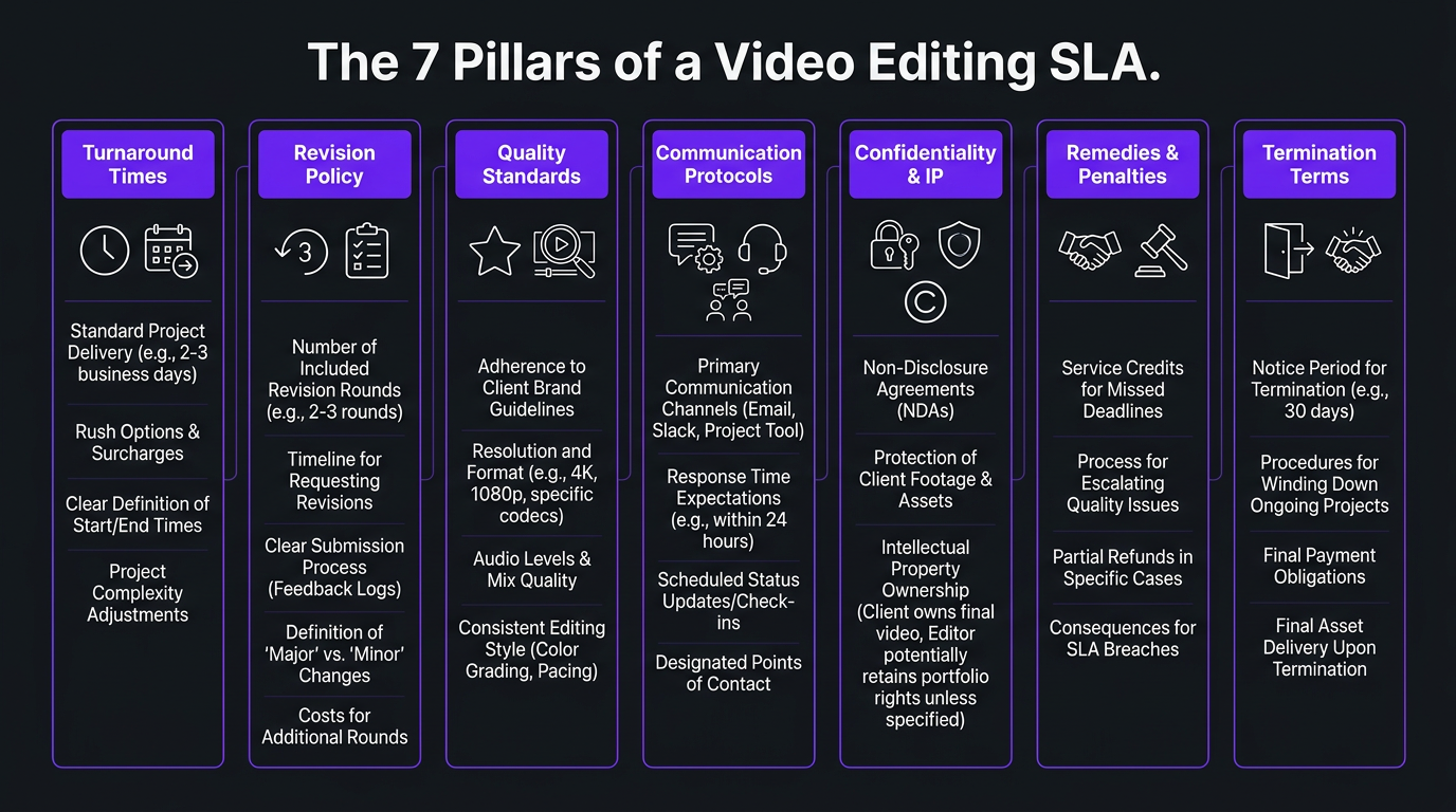 Infographic showing the 7 pillars of a video editing SLA