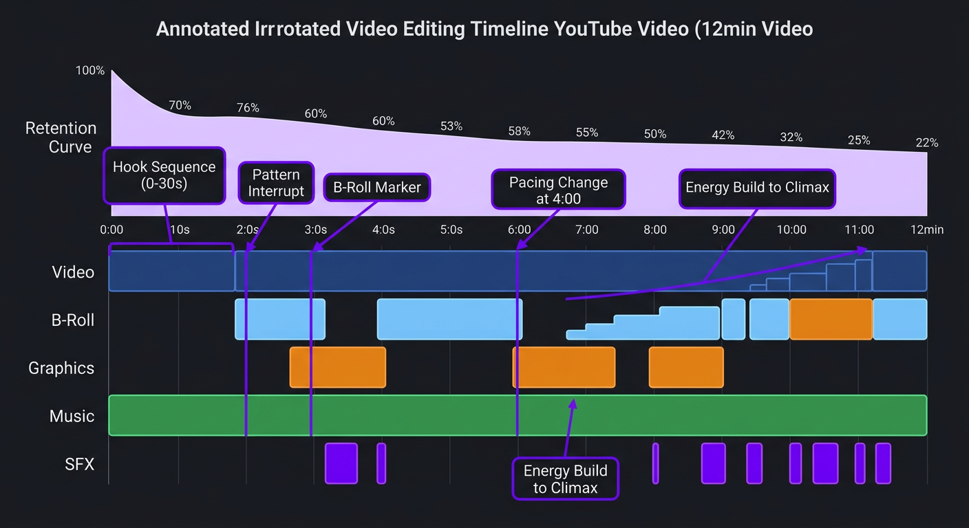 Annotated video editing timeline with retention markers