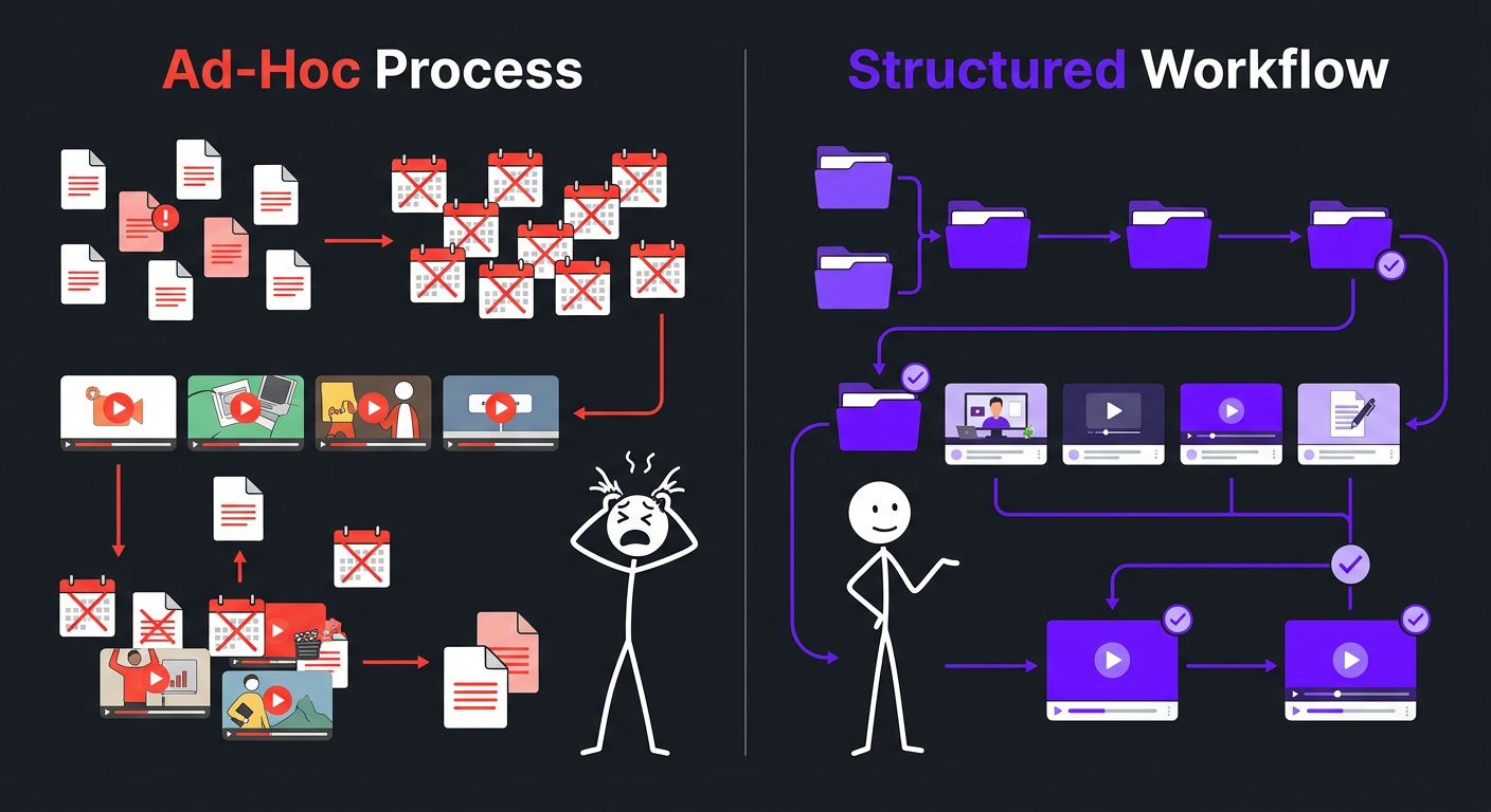Ad-hoc vs structured video production workflow comparison
