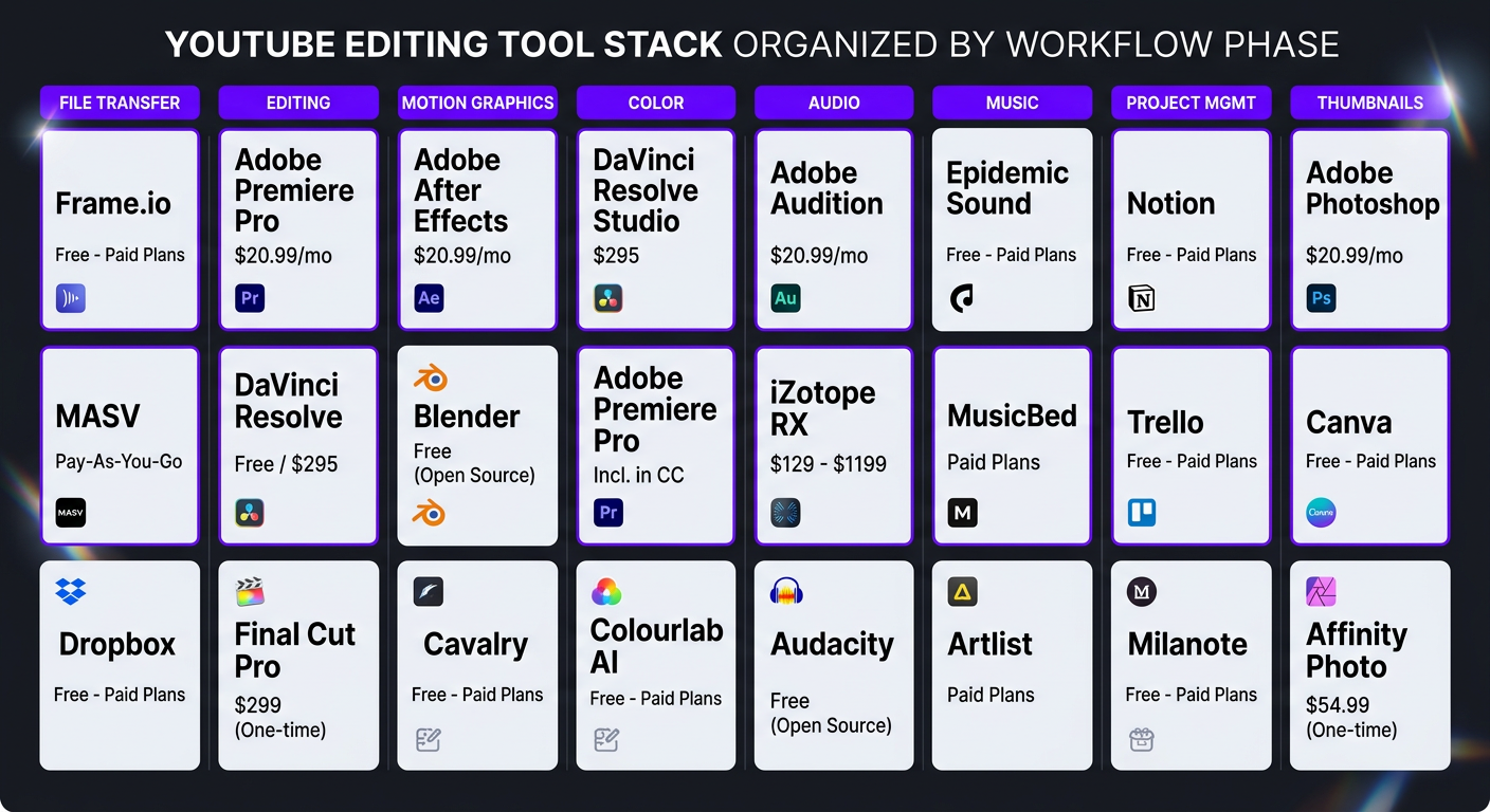 YouTube editing tool stack organized by workflow phase