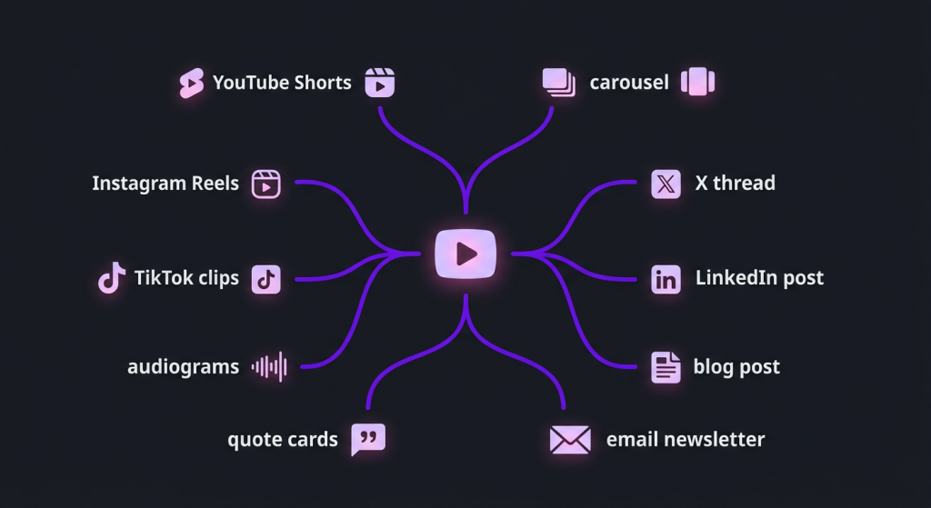 video repurposing service turn 1 video into 10 pieces content multiplication flowchart