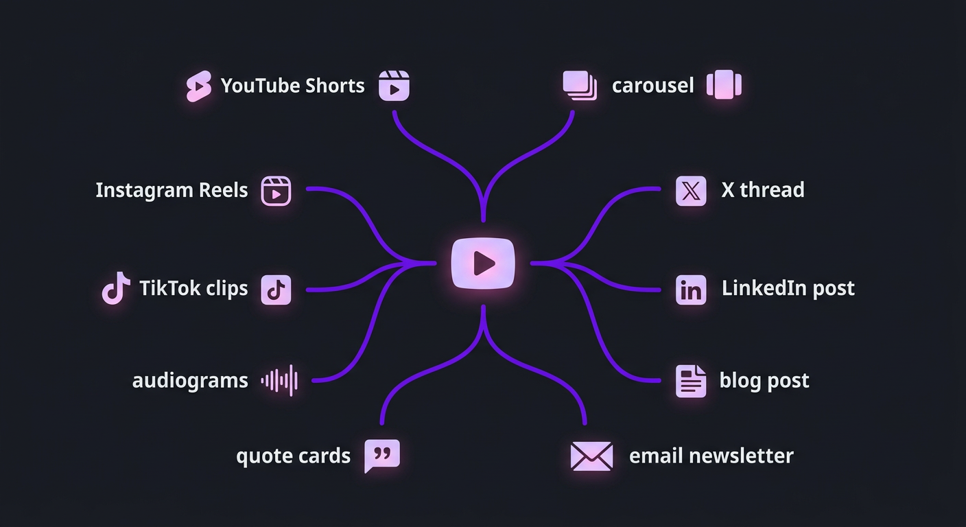 Video Repurposing Service: Turn 1 Video Into 10 Pieces 1 Infographic showing one video branching into 10+ content pieces across platforms