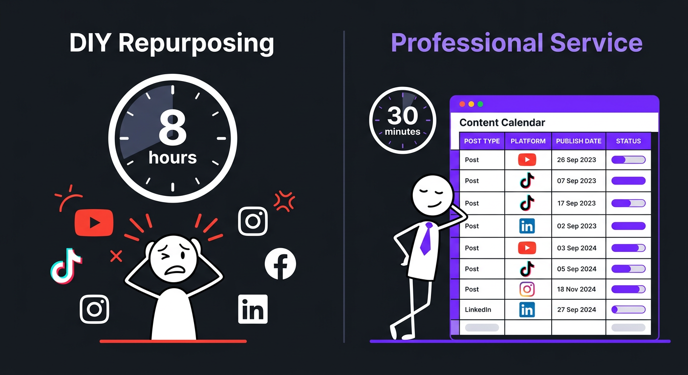 Video Repurposing Service: Turn 1 Video Into 10 Pieces 2 Time comparison: DIY repurposing 8 hours vs professional service 30 minutes