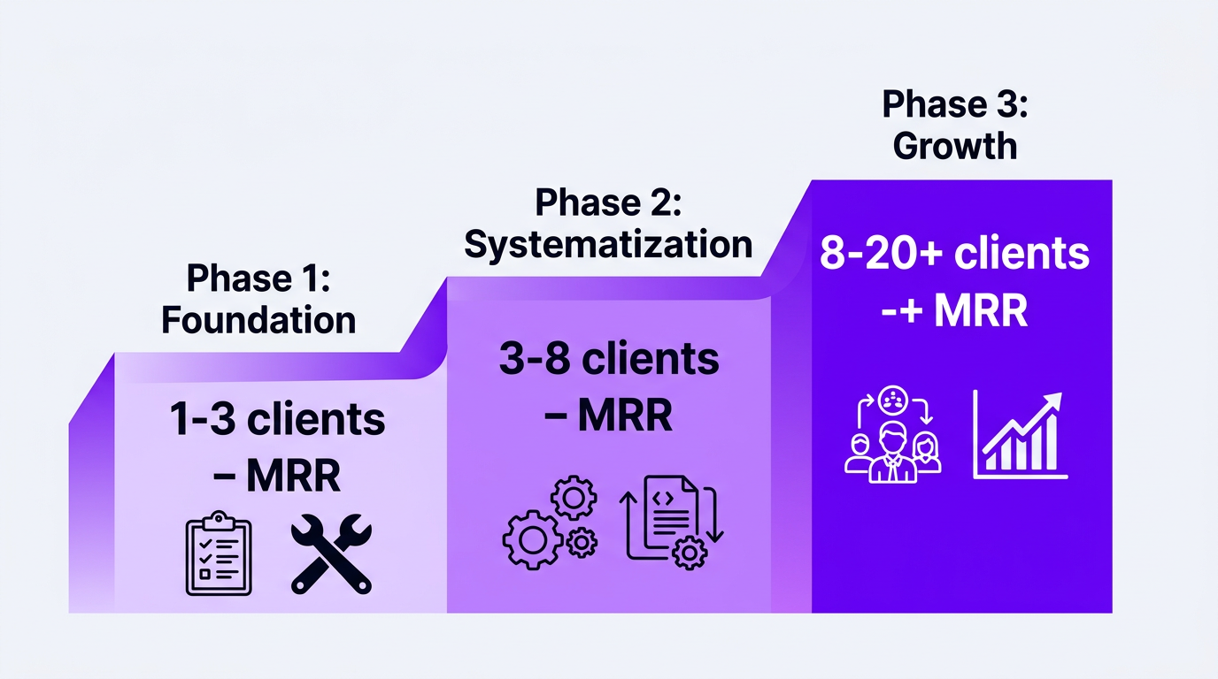 Growth phases diagram showing three ascending blocks/steps. Phase 1: 