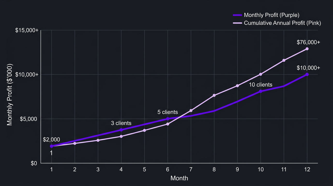 Revenue projection chart showing agency earnings from white label editing over 12 months. X-axis: months. Y-axis: monthly profit. Line starts at $2,000 (1 client) and grows to $14,000+ (10 clients) with markers at key milestones (3 clients, 5 clients, 10 clients). Secondary line shows cumulative annual profit reaching $168K. Purple (#6f00ff) primary line, pink (#dcc2ff) secondary line, dark background (#181a20). Clean data visualization with dollar labels at key points.