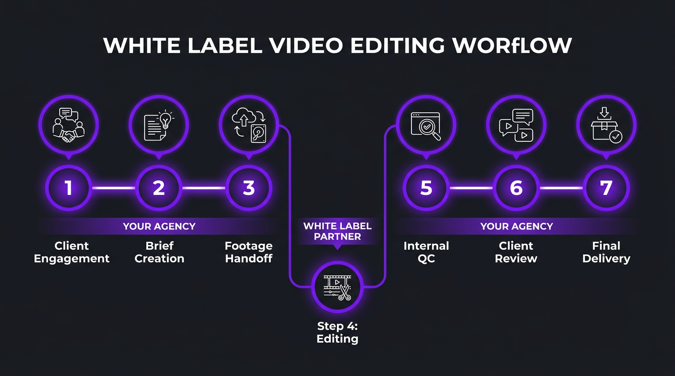 Step-by-step workflow infographic showing 7 steps of the white label process. Horizontal timeline with numbered circles (1-7). Each step has an icon and brief label. Show the 