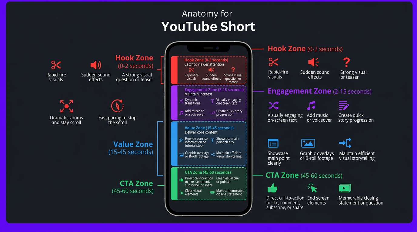 YouTube Shorts Editing Service: Is It Worth Outsourcing? 2 Anatomy of a YouTube Short: hook, engagement, value, and CTA zones