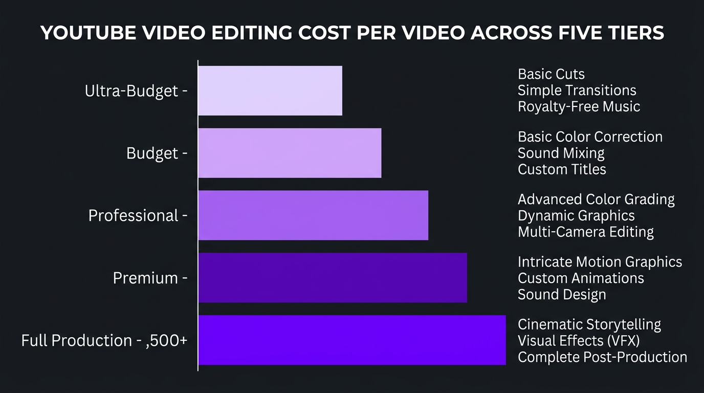 YouTube Video Editing Cost Per Video: Full Breakdown (2026) 1 YouTube video editing cost per video bar chart across five tiers