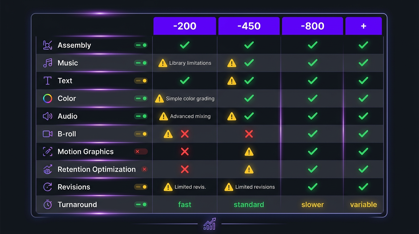 YouTube Video Editing Cost Per Video: Full Breakdown (2026) 3 Feature comparison matrix across four price tiers