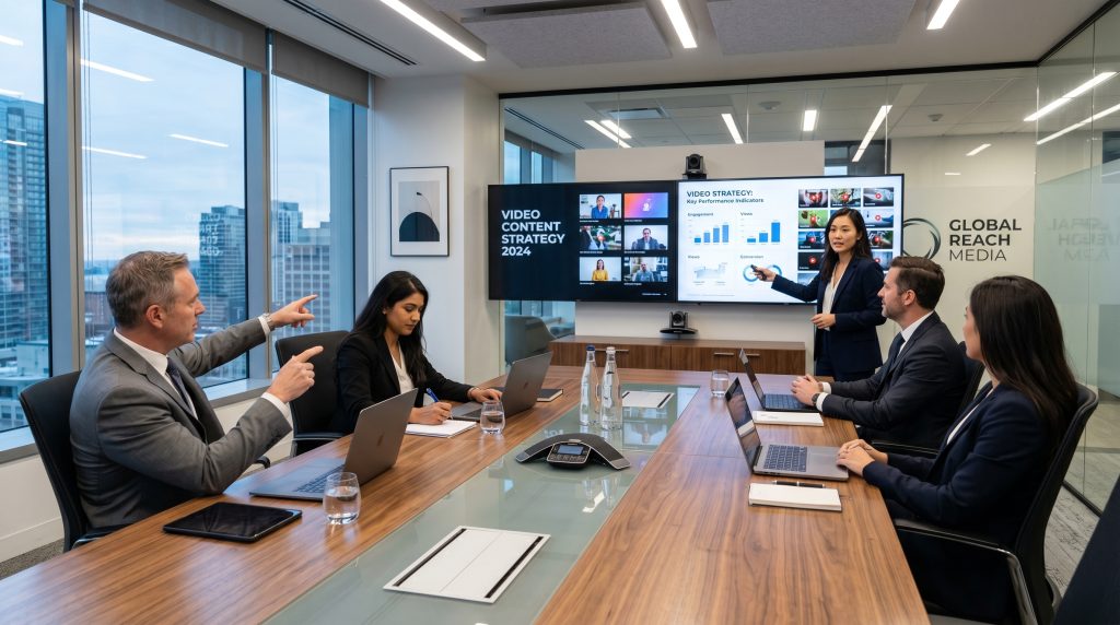 Enterprise boardroom meeting with marketing executives reviewing video content strategy