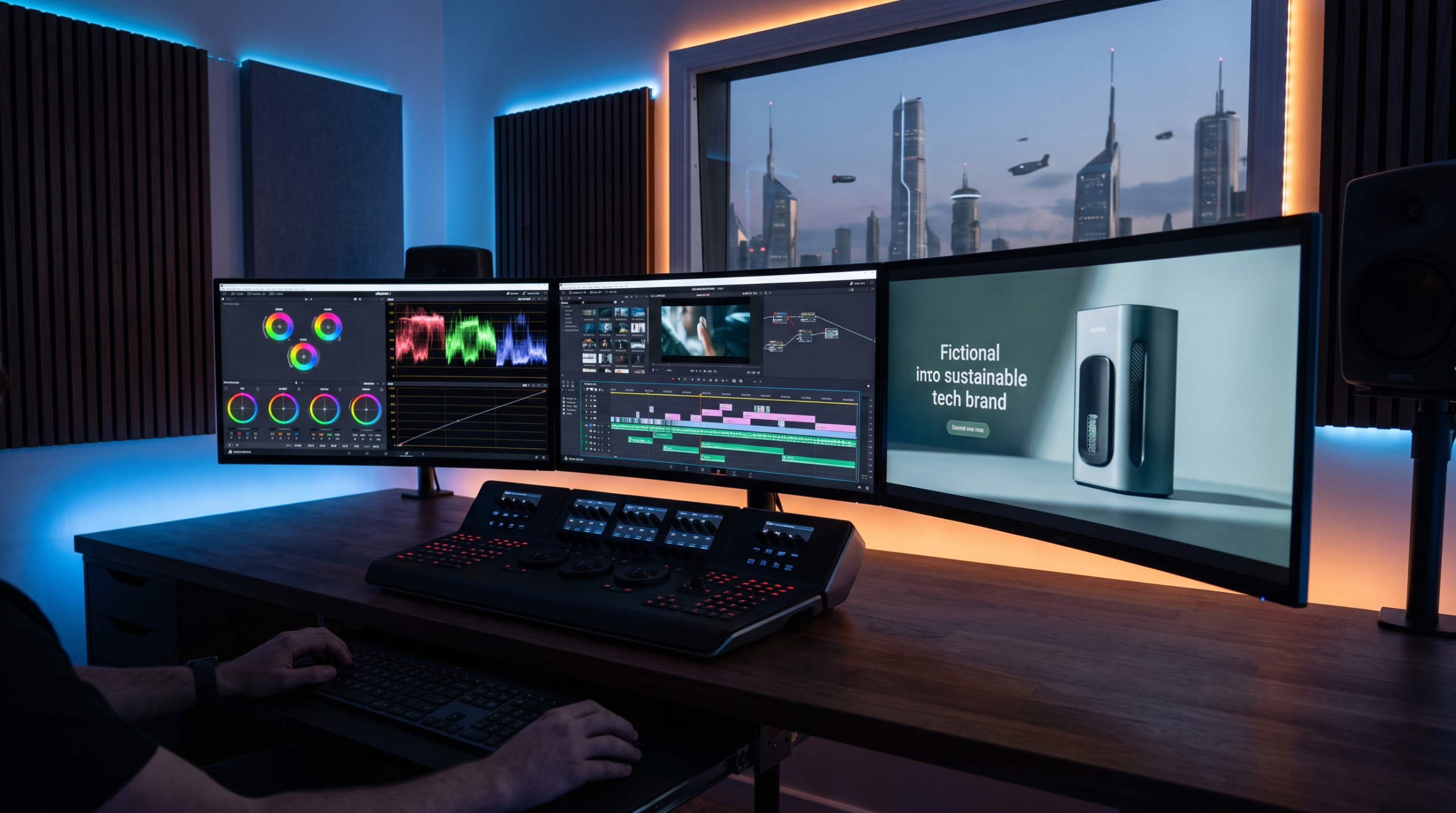 Professional video editing workspace showing timeline and colour grading tools