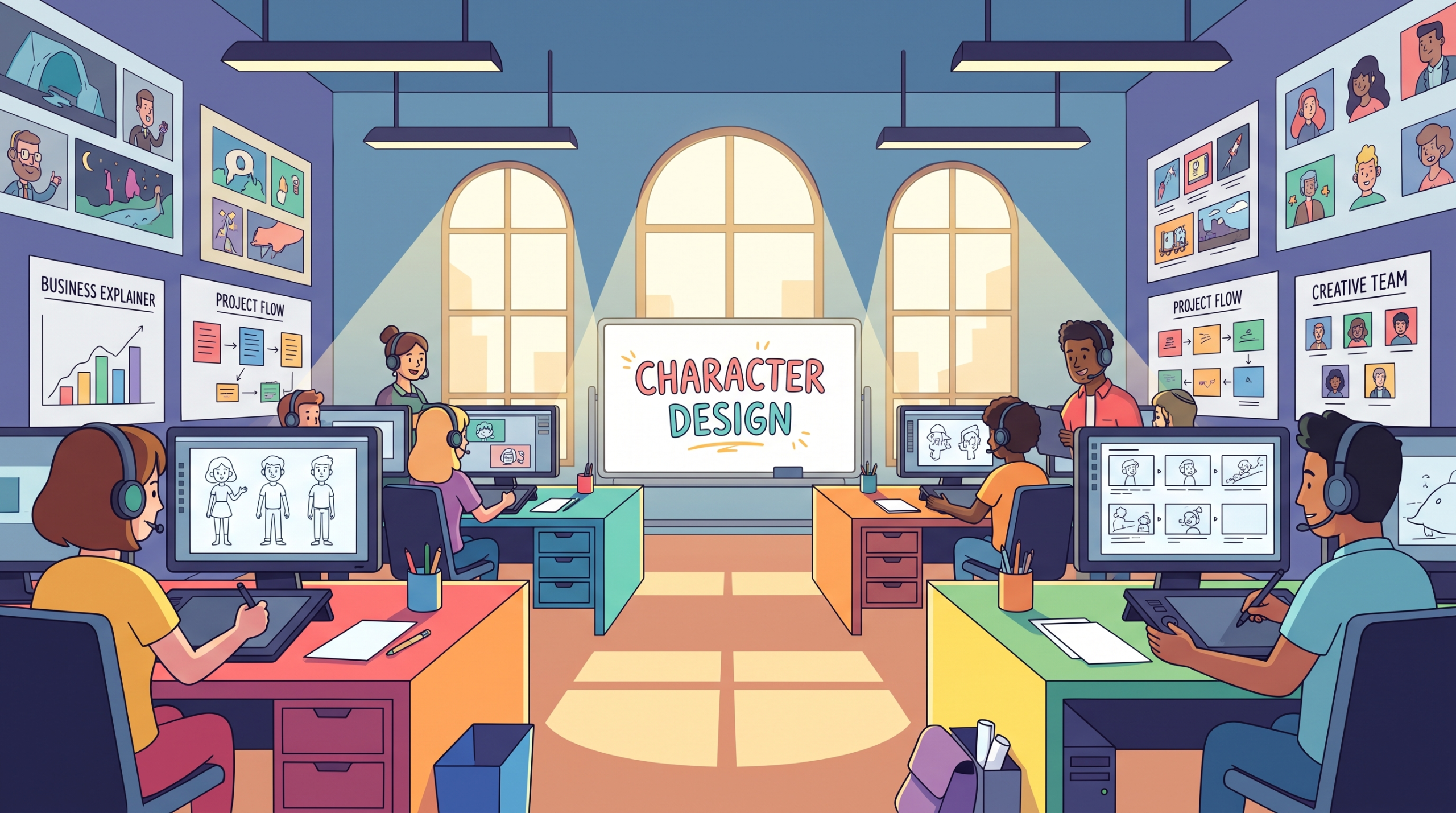 Professional 2D animation studio workspace with character design boards and explainer video production setup