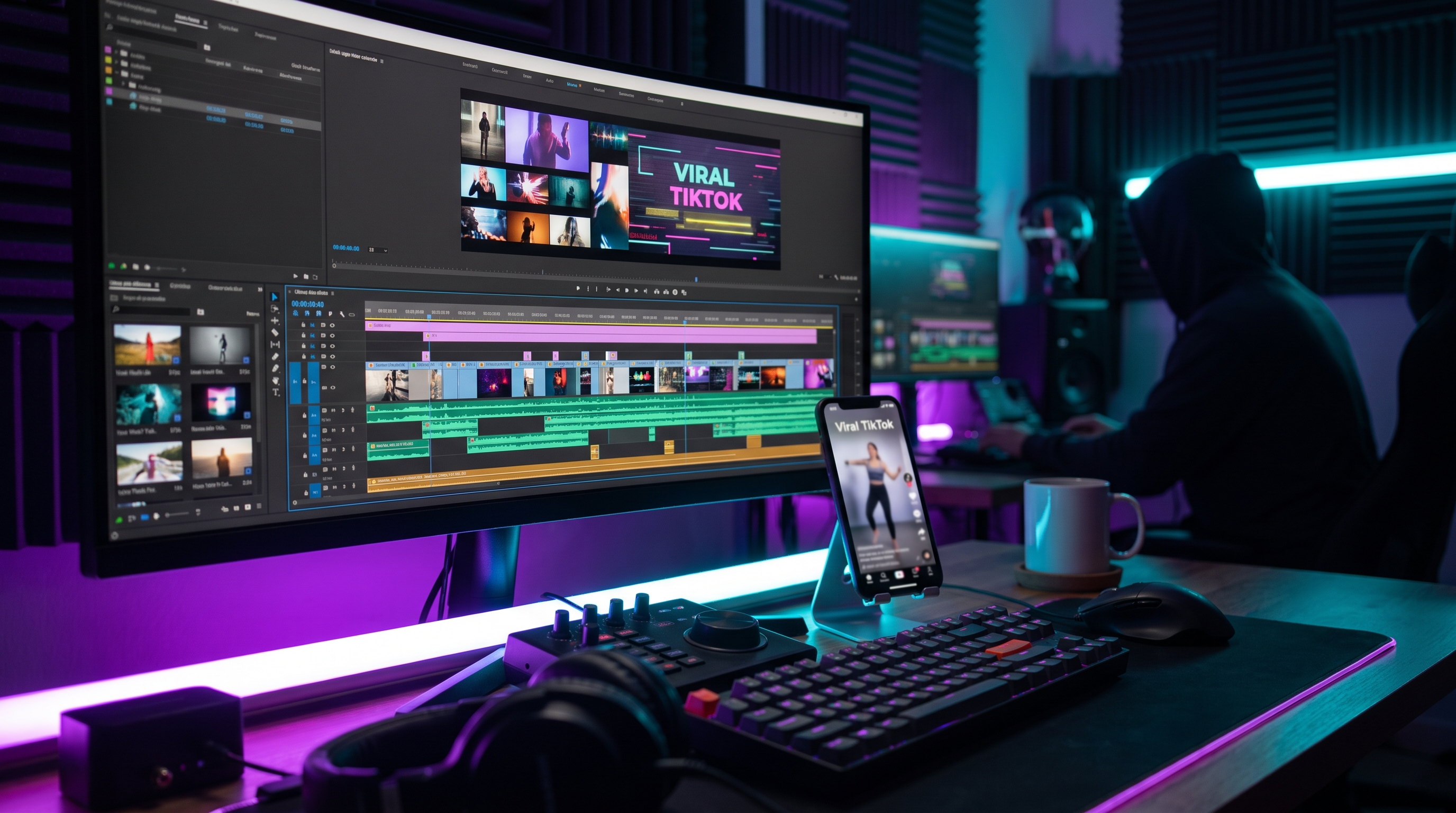 Short-Form Video Editing: Capture Attention & Go Viral 1 Short-form video editing on a professional workstation showing timeline with colorful clips and motion graphics