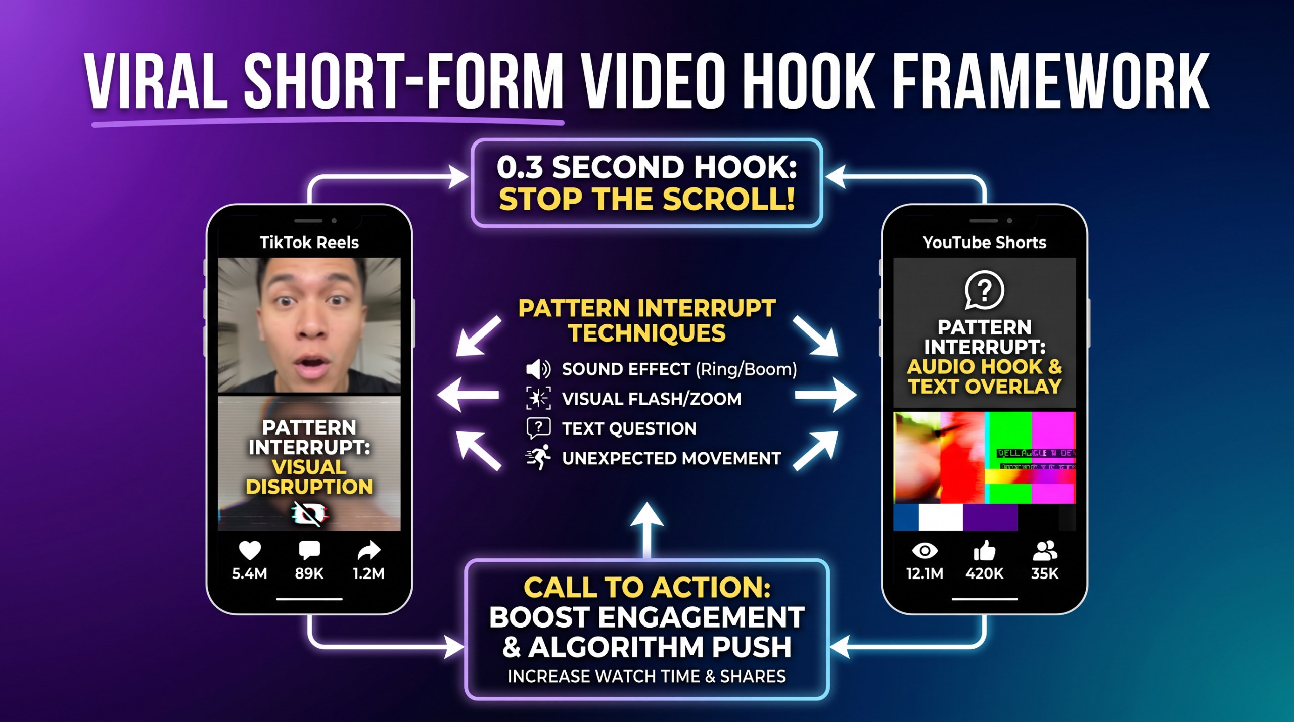 Short-Form Video Editing: Capture Attention & Go Viral 2 Viral video hook framework infographic showing the 0.3 second hook rule and pattern interrupt techniques for TikTok Reels and Shorts