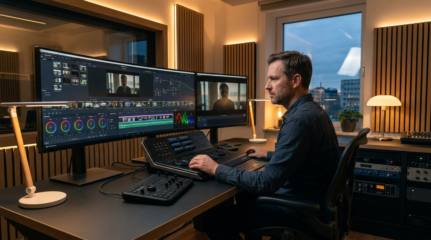 Professional video editor working at a high-end editing workstation with multiple monitors showing color grading and timeline