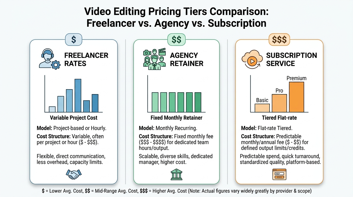 Video editing pricing comparison: freelancer vs agency vs subscription service tiers in 2026
