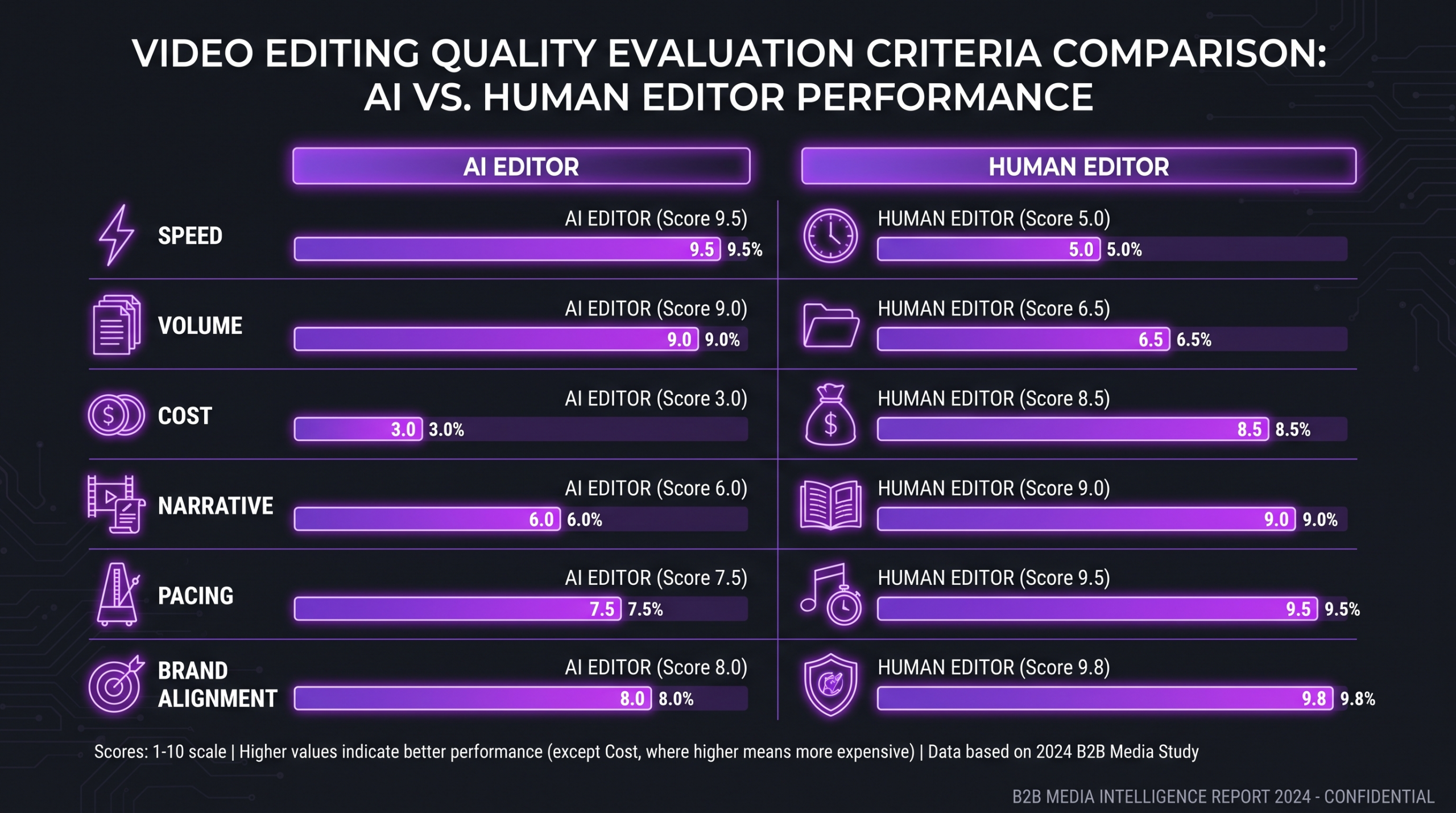 AI vs human video editing quality evaluation criteria comparison chart showing performance dimensions across speed, narrative, brand and cost
