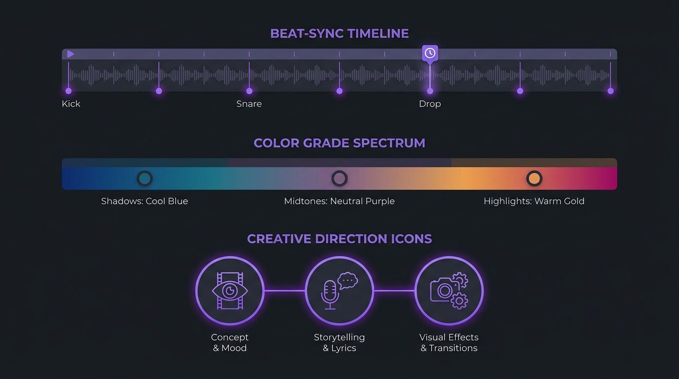 Music video editing workflow diagram showing beat-sync timeline, color grading spectrum, and creative direction stages