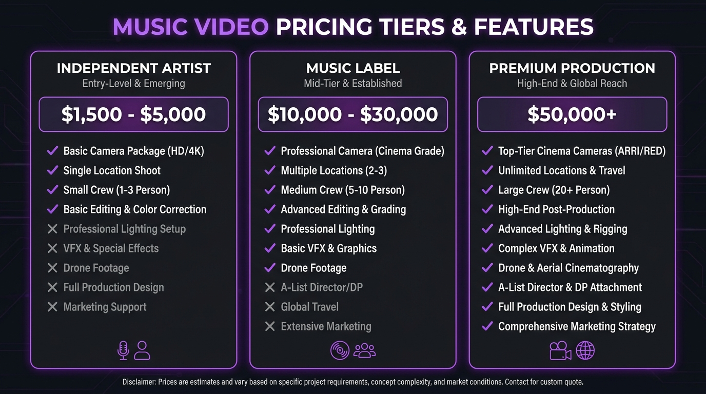 Music video editing pricing tiers comparison — independent artist, mid-market, and premium production budgets with features