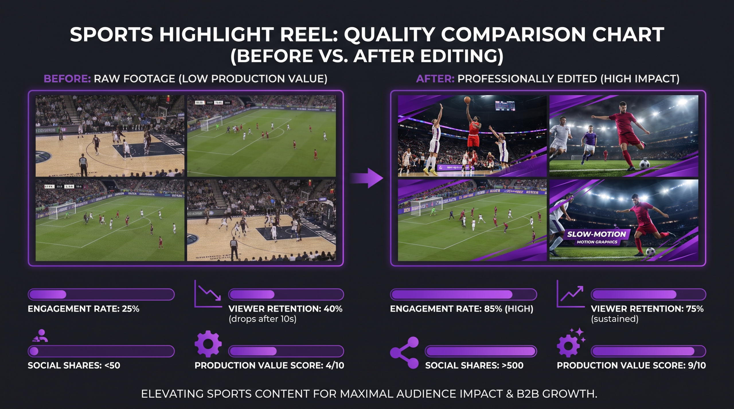 Best Sports Video Editing Services 2026 2 Sports highlight reel quality comparison chart showing viewer engagement metrics, retention rates, and production value scores before and after professional video editing