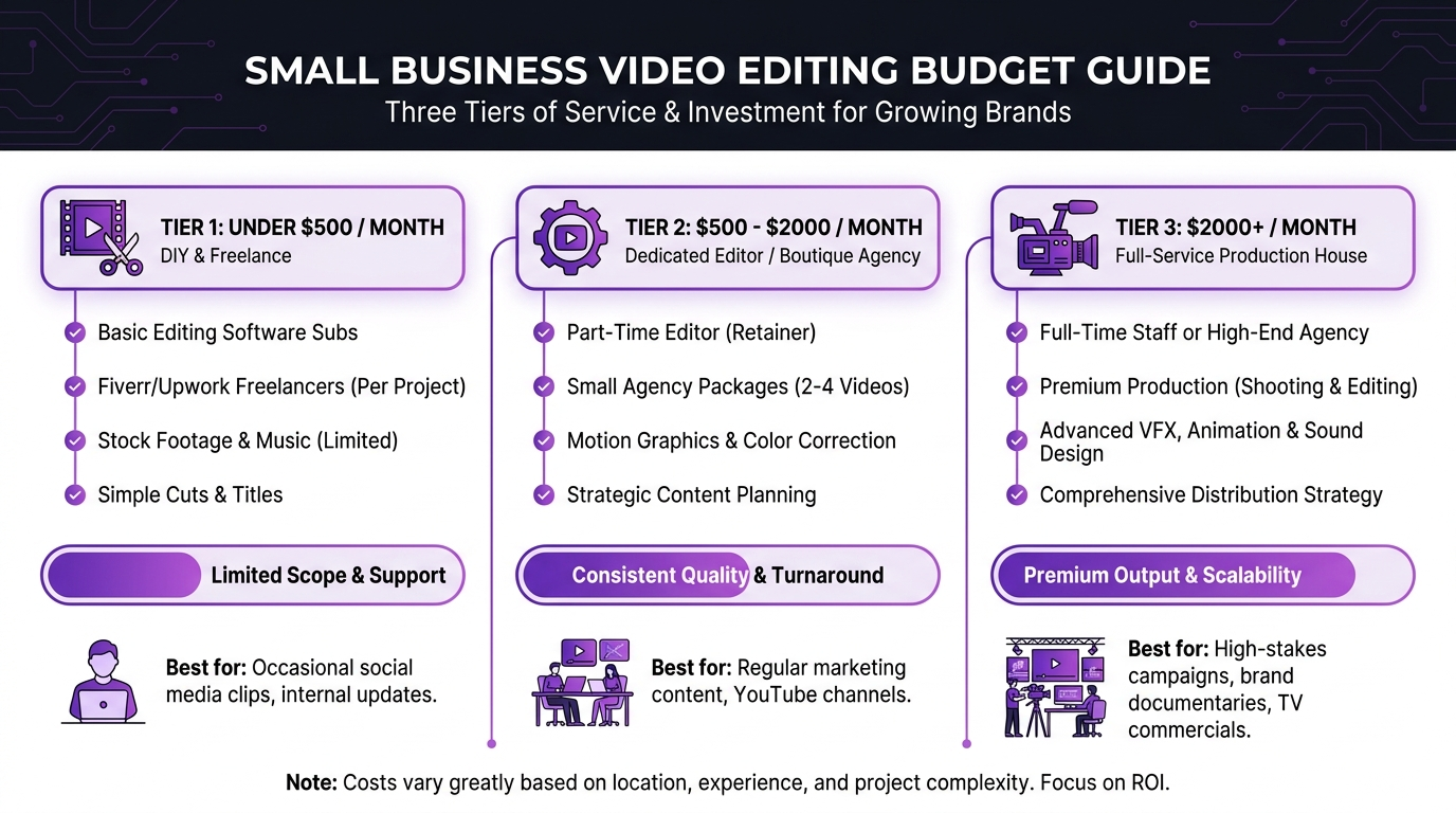 Best Video Editing Services for Small Business 1 Small business video editing budget tiers: under $500, $500-$2,000, and $2,000+ per month with service examples and use cases