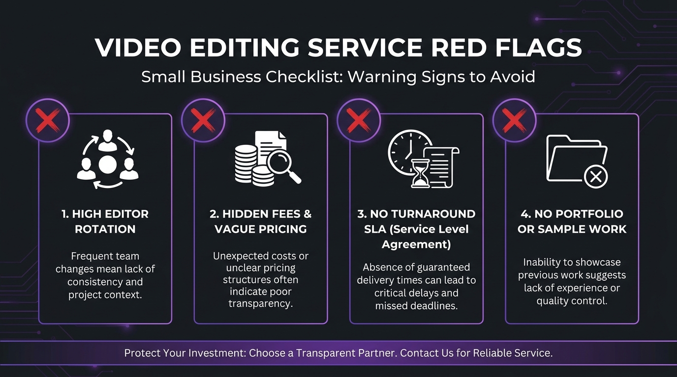 Best Video Editing Services for Small Business 2 Video editing service red flags checklist for small businesses: editor rotation, hidden fees, no turnaround SLA, and lack of industry-specific samples