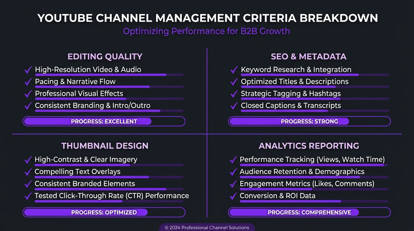 YouTube channel management evaluation criteria breakdown: editing quality, SEO, thumbnails, and analytics scoring