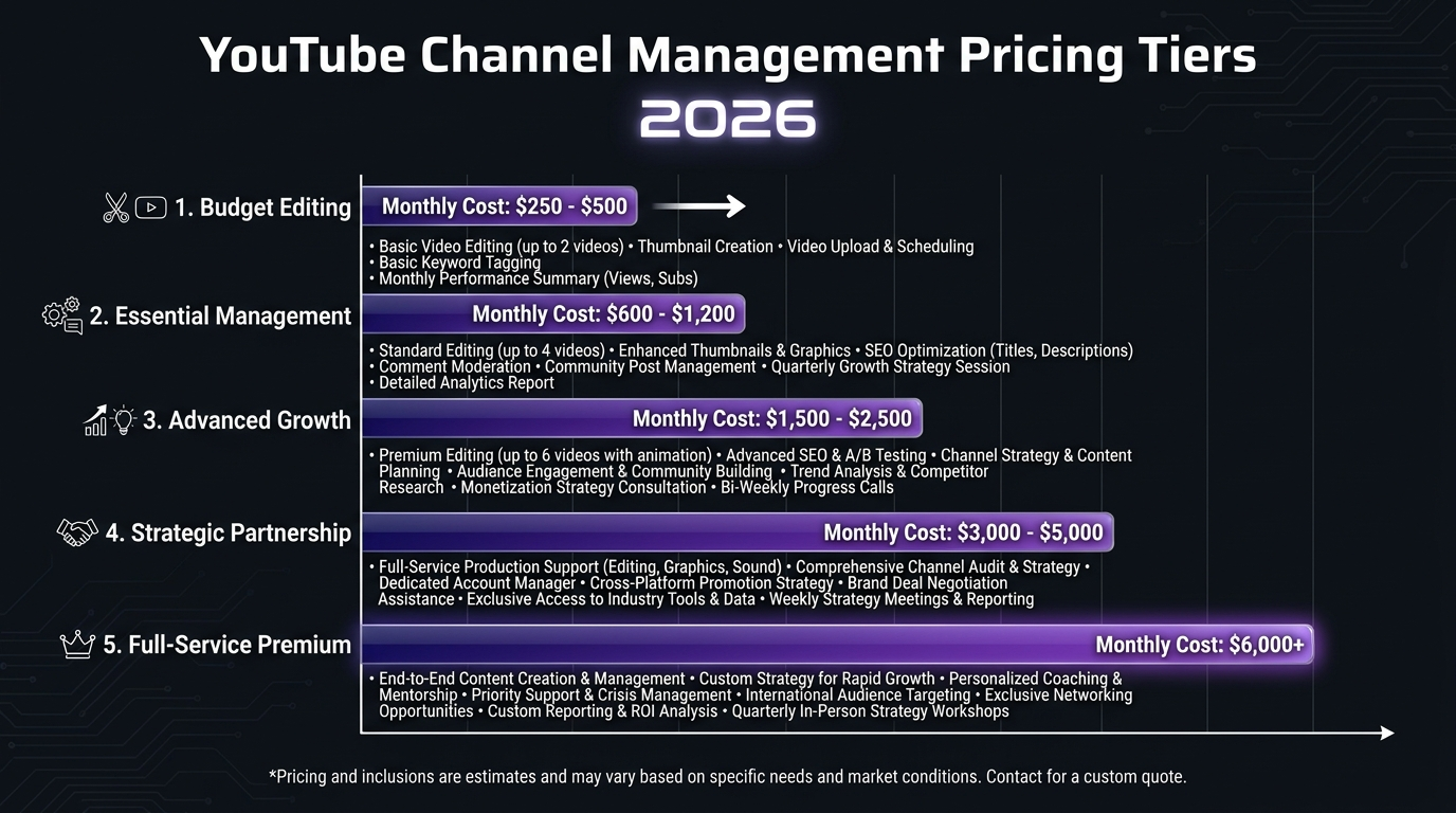 YouTube channel management pricing tiers 2026: from budget subscription editing to full-service premium retainers