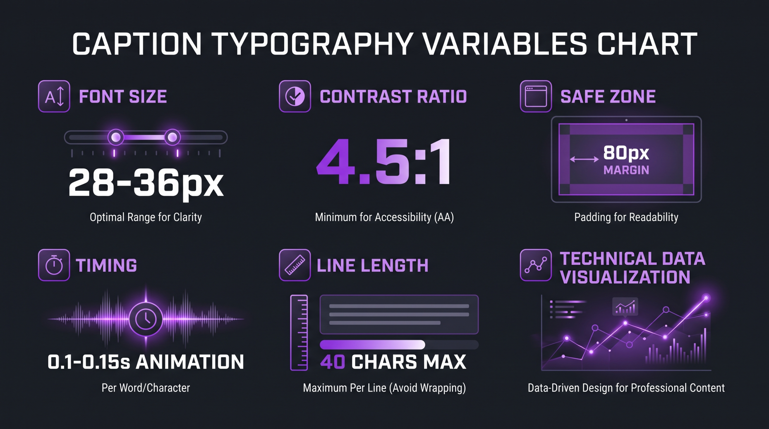 Caption typography variables infographic showing font size, contrast ratio, safe zone, and timing guidelines on a dark professional background