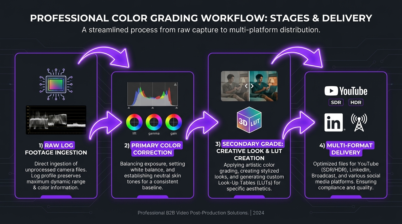 Color grading pricing tiers comparison chart showing per-minute and per-video rates from entry-level freelancer to post-production studio