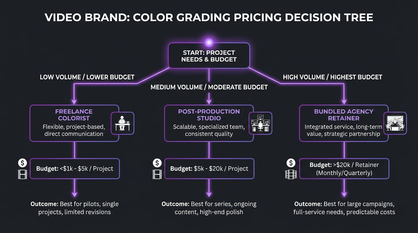 Infographic showing color grading workflow stages: primary correction, secondary grade, LUT creation, and multi-format delivery