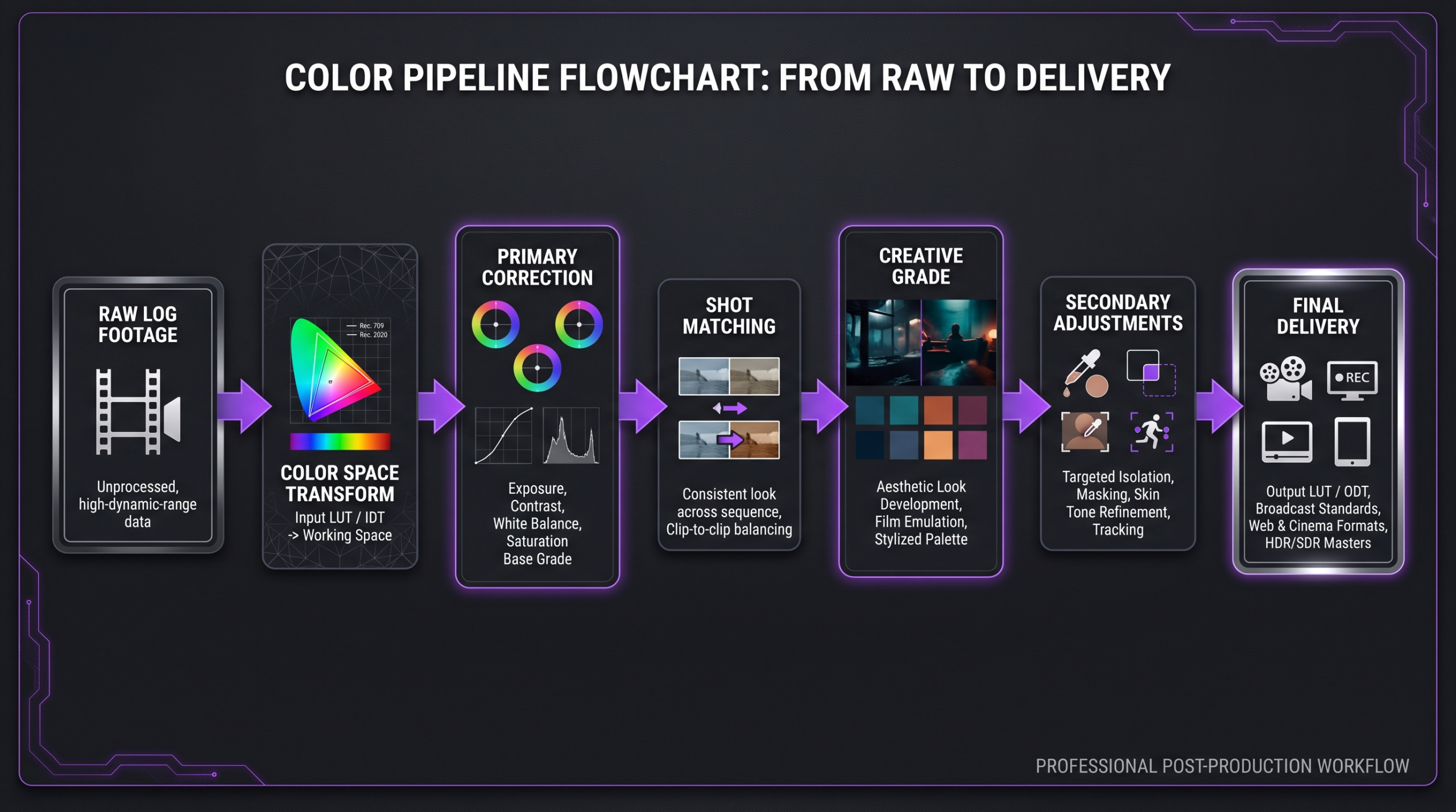 Color correction vs color grading workflow diagram showing the technical and creative steps in the color pipeline