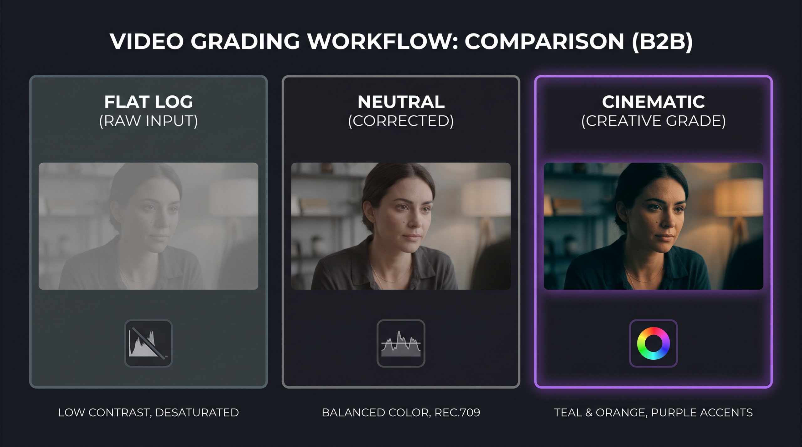 Comparison of uncorrected footage, color corrected footage, and color graded footage showing the visual progression