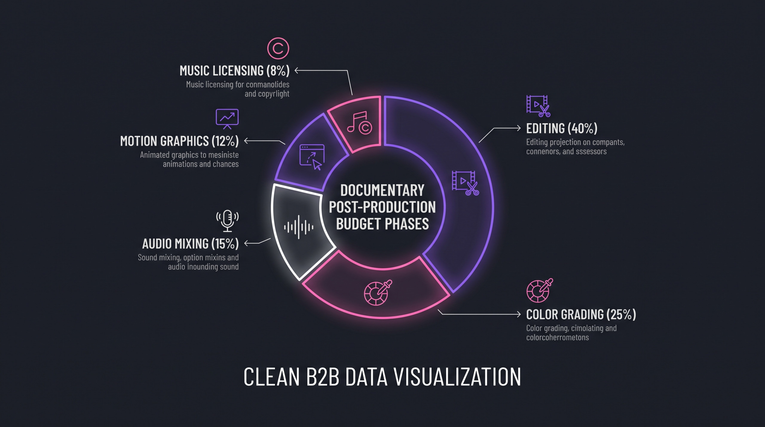 Documentary editing cost breakdown infographic showing post-production budget phases including editing, color grading, audio mixing, and motion graphics