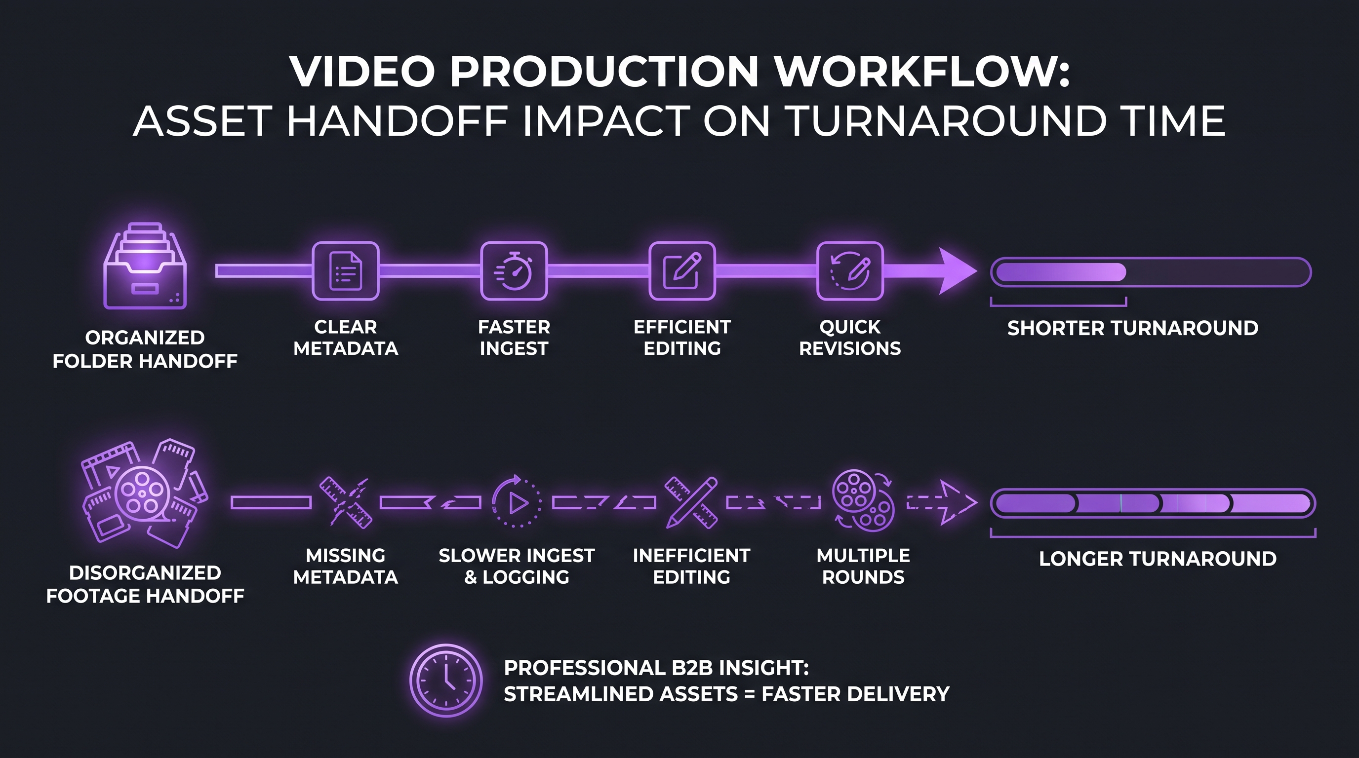 Editing Turnaround Benchmarks by Video Type 1 Video production workflow diagram showing how asset handoff quality impacts editing turnaround time