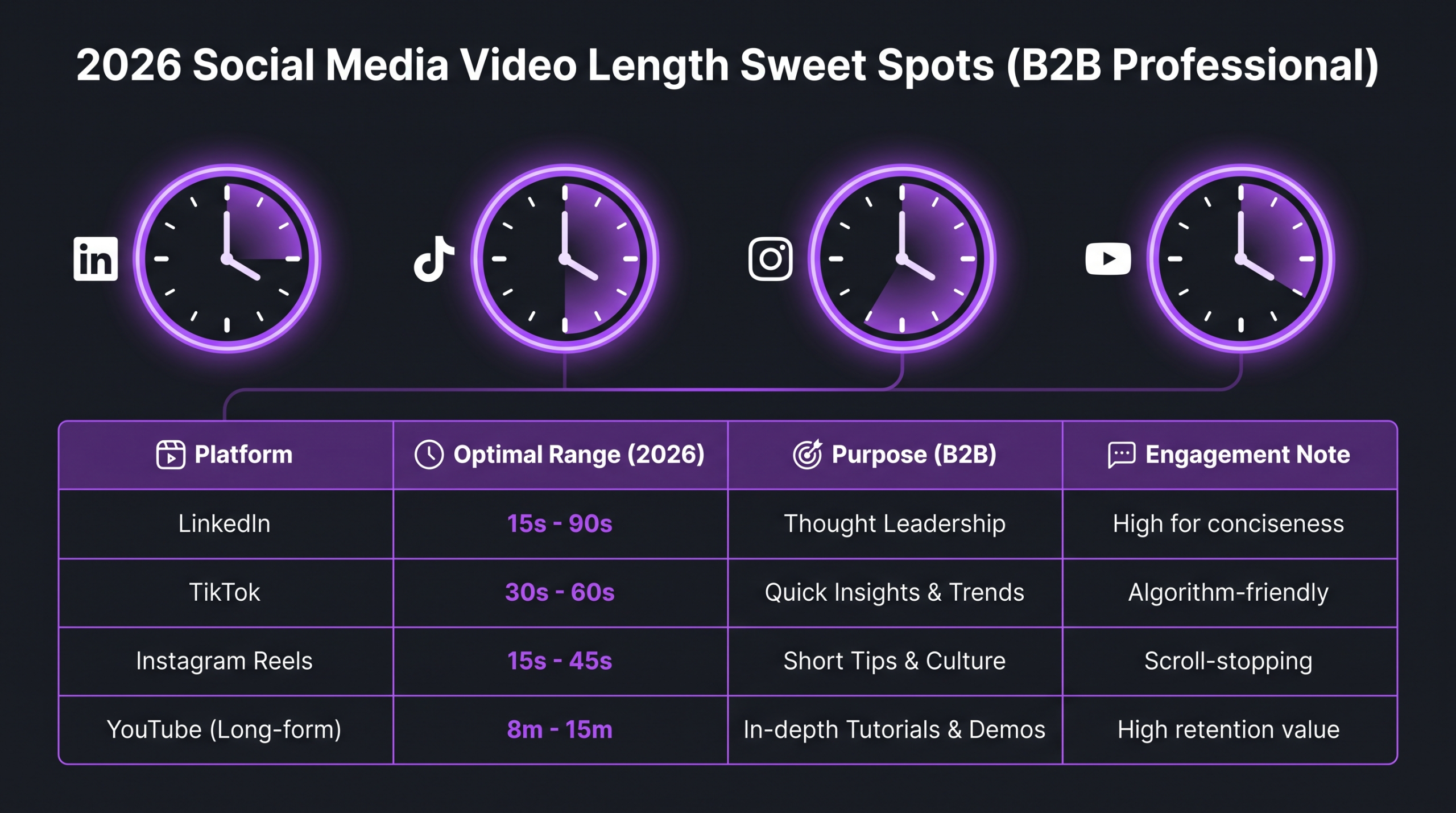 2026 social media video length sweet spots by platform — data visualization showing optimal duration ranges for YouTube, TikTok, Instagram, LinkedIn, and Facebook
